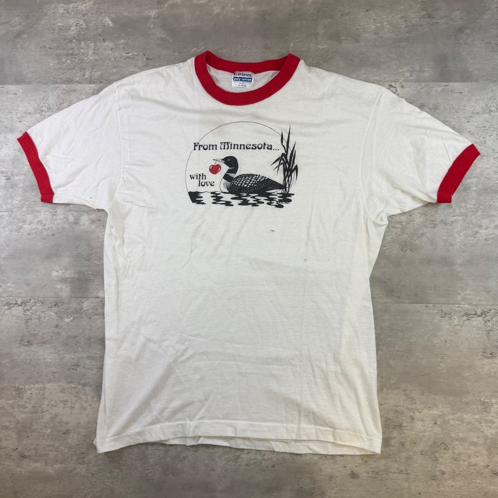 Vintage Hanes Minnesota Loon Ringer T-Shirt XL White Red Single Stitch USA Made